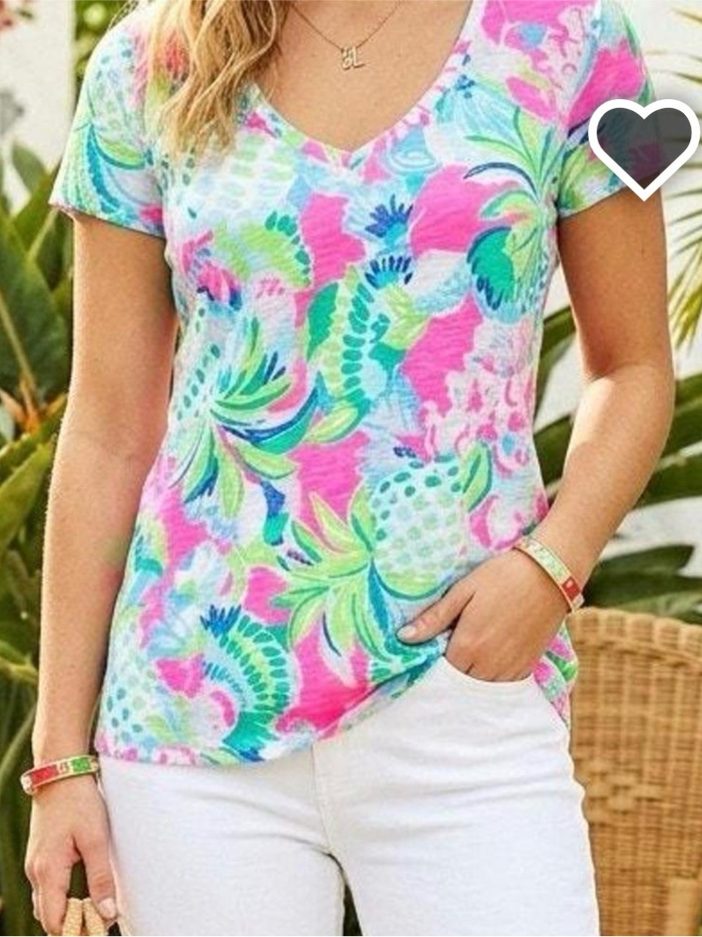 Lilly Pulitzer Pink, Green & Blue Floral V-Neck Short Sleeve Top